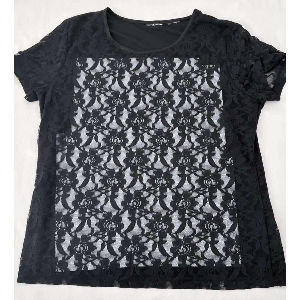 Vintage 90s Black Floral Lace Front Slinky Knit Semi Sheer Top Women’s M